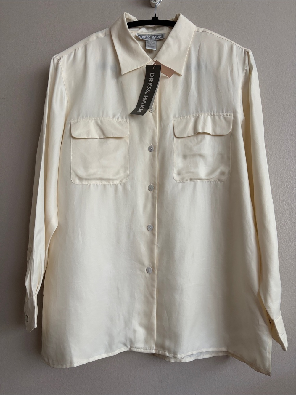 NWT Vintage Dress Barn 100% Pure Washable Silk Utility Button Down Shirt L Ivory
